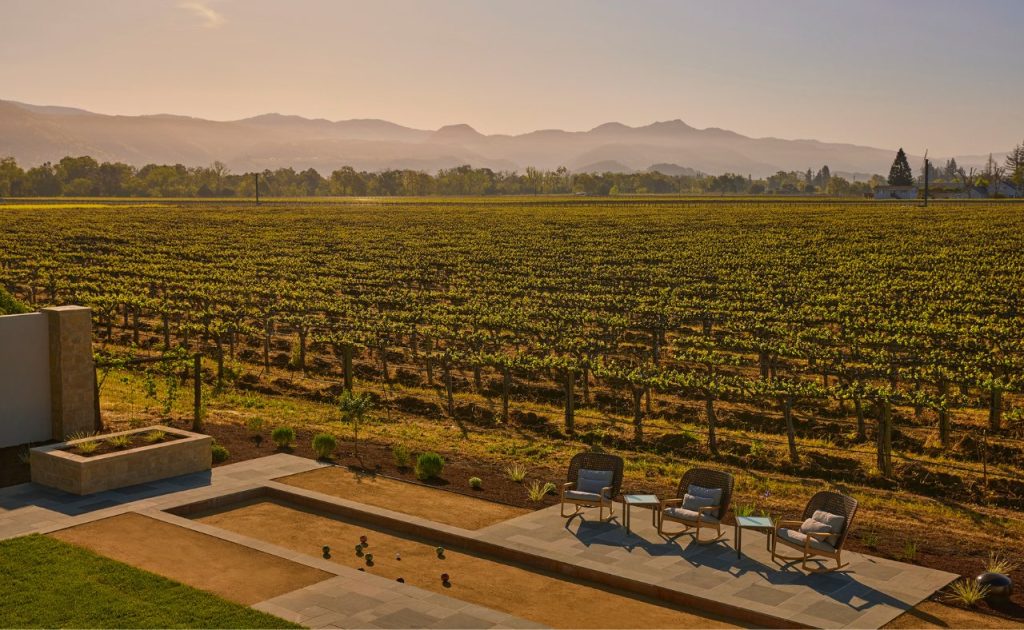 Mathew Bruno bocce court with vineyard view.