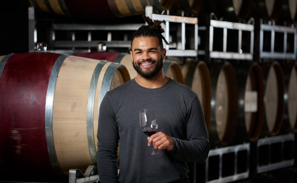 Knights Bridge Winery Winemaker, Derek Baljeu in Barrel Room. 