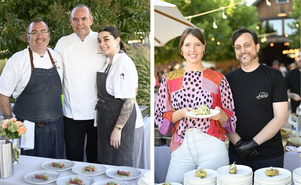 Chefs Shane McAnelly, Taylor Kelley and Charlie Palmer of Dry Creek Kitchen. Sara Beckstead with Executive Sous Chef Damien King-Kostelac of Little Saint restaurant. 