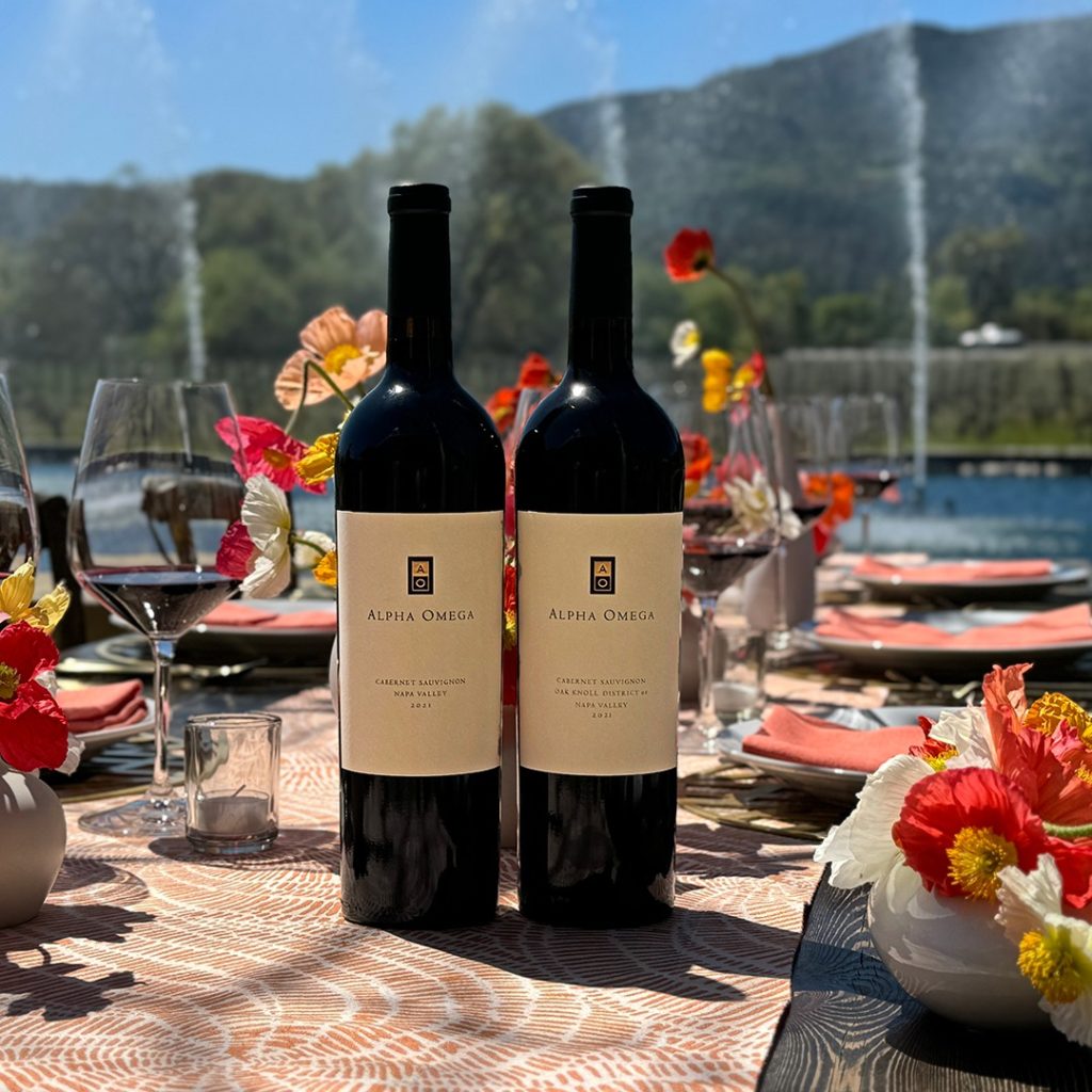 Alpha Omega Winery Cabernet Sauvignon wine bottles on table. 