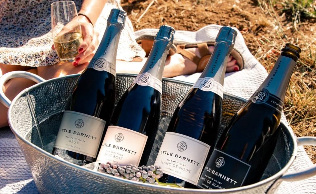 Lytle-Barnett sparkling wines in silver bucket.

