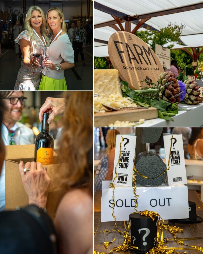 Two women posing for camera, cheese stand, woman pulling red wine out of box at Napa Valley Barrel Auction during Auction Napa Valley. 