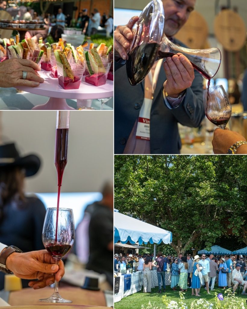 Woman taking a vegetable appetizer, man pouring red wine, group of people at Napa Valley Barrel Auction during Auction Napa Valley. 