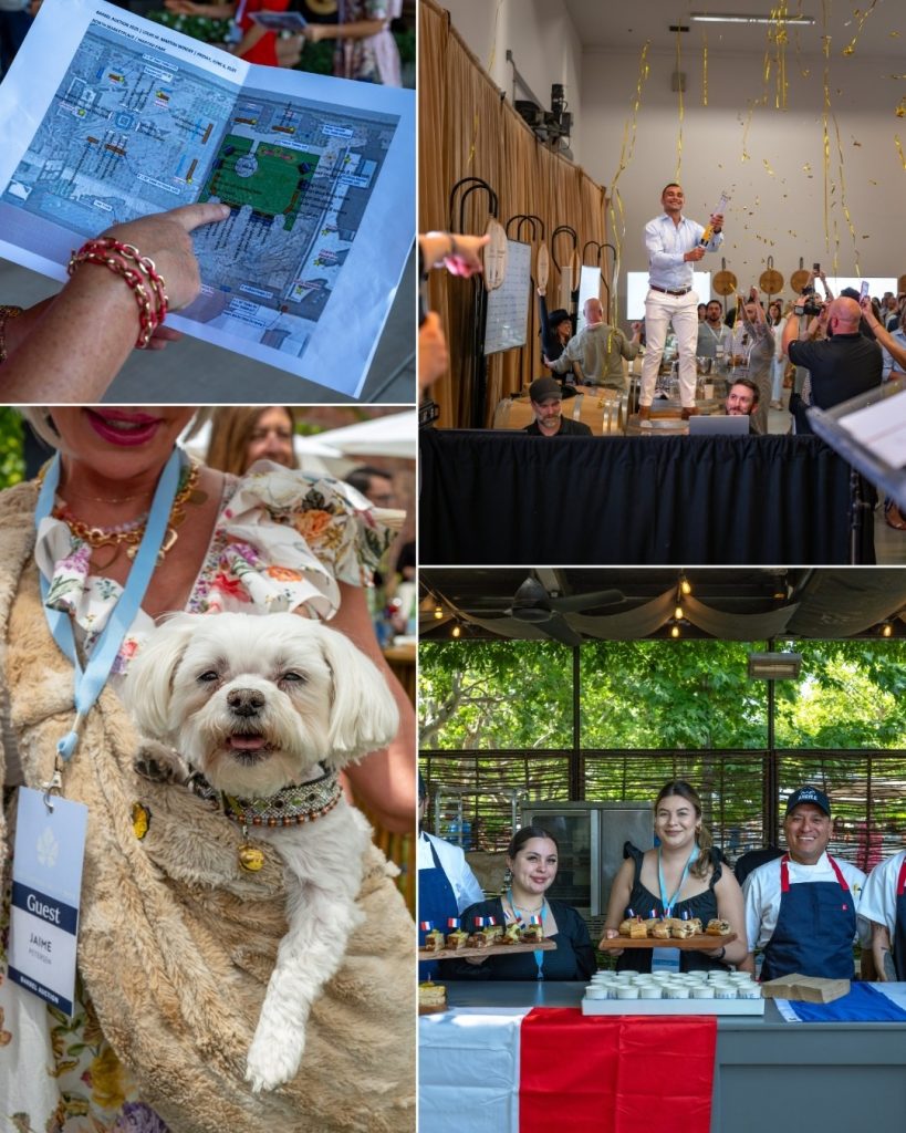 Event event, celebrating winning bids, cute dog with woman and woman holding a food platter at Napa Valley Barrel Auction during Auction Napa Valley. 