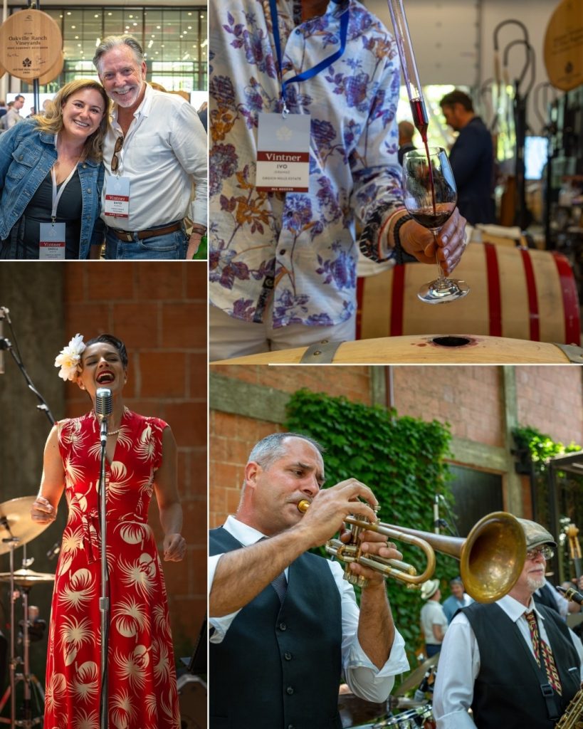 Man and woman smiling, man pouring wine, woman singing, two men playing in a band at Napa Valley Barrel Auction during Auction Napa Valley. 