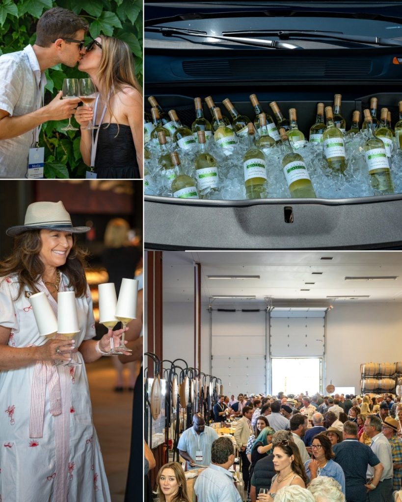 Couple kissing while holding wine, white wine on ice, group of guests tasting wine at Napa Valley Barrel Auction during Auction Napa Valley. 