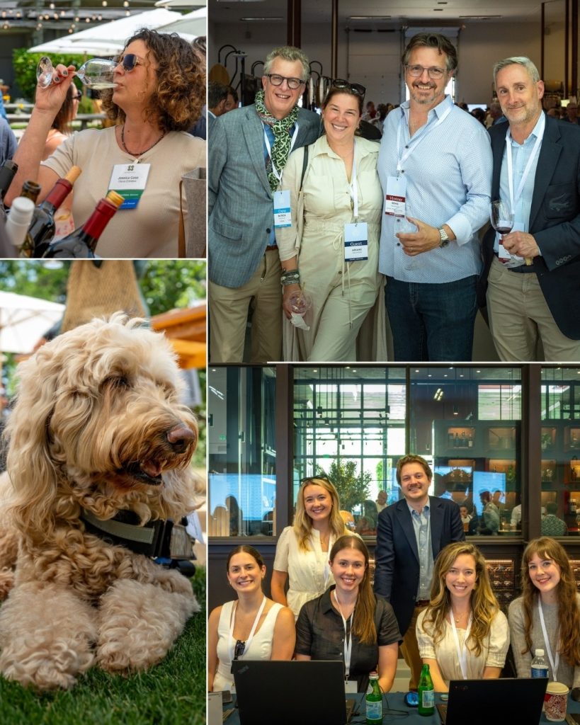 Drinking wine, group of men and women, dog on lawn at Napa Valley Barrel Auction during Auction Napa Valley. 