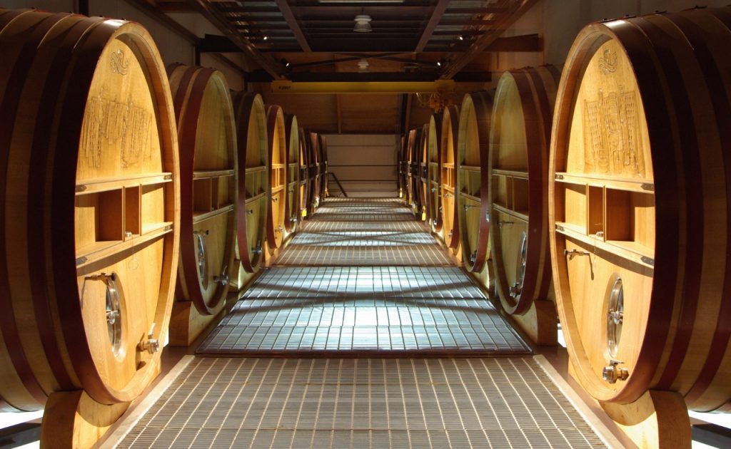 Large wooden barrels at Roederer Estate.