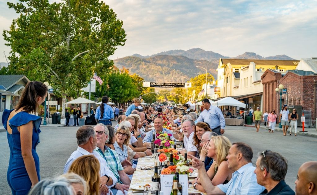 Guests at Calistoga Harvest Table with town and mountains in the background.